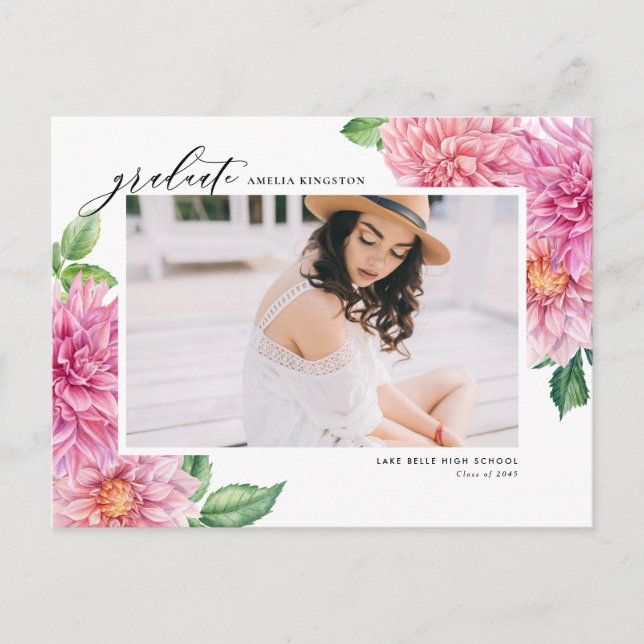 Pink Watercolor Dahlia Botanical Photo Graduation Announcement Postcard (Front)