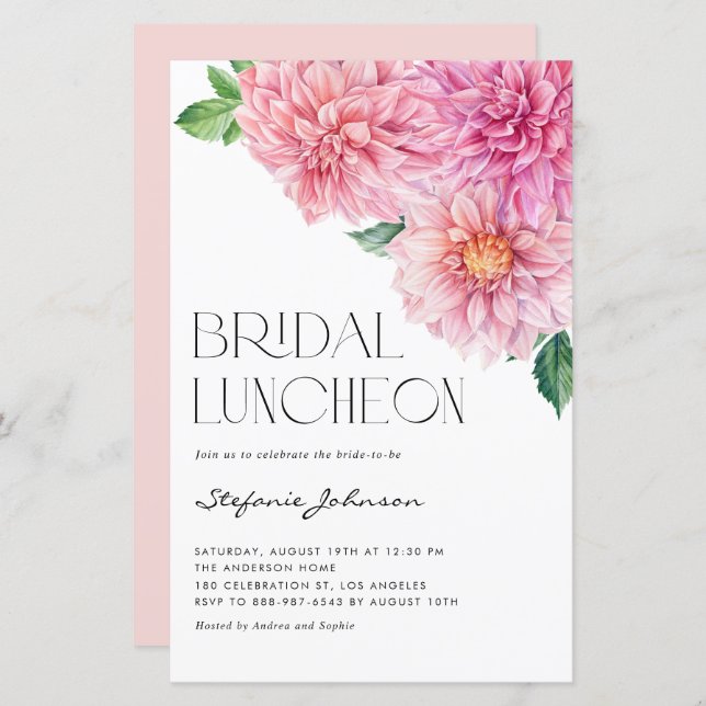 Pink Watercolor Dahlia Bridal Luncheon Invitation (Front/Back)