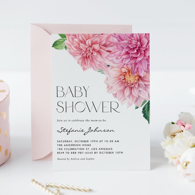 Pink Watercolor Dahlia Floral Baby Shower Invitation (Creator Uploaded)
