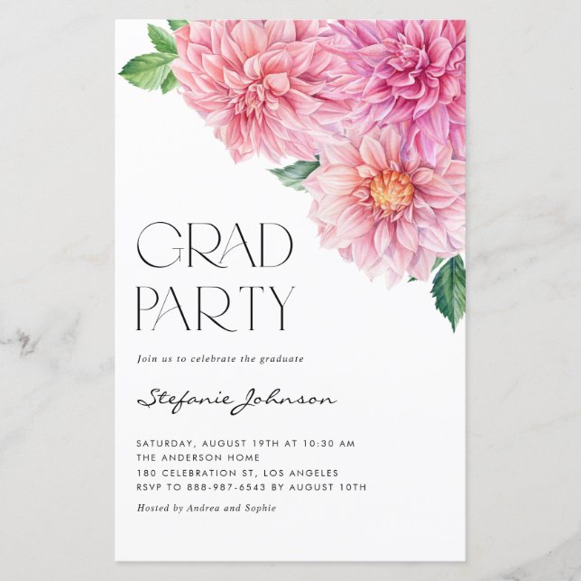 Pink Watercolor Dahlia Graduation Invitation (Front)