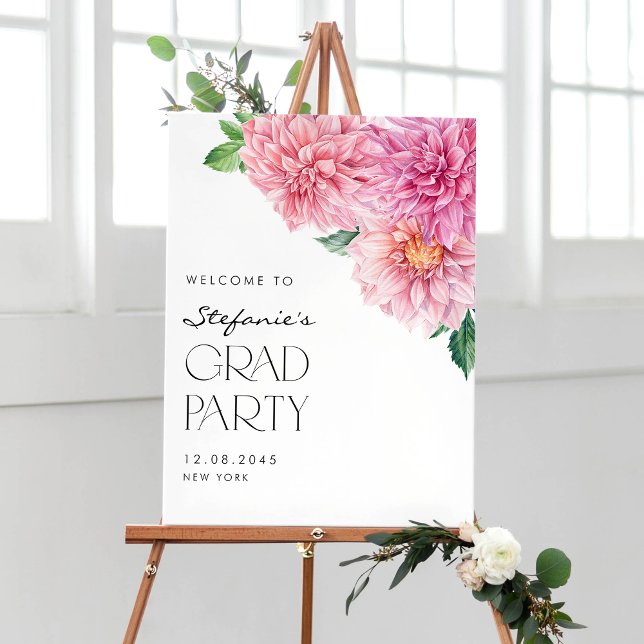 Pink Watercolor Dahlia Graduation Party Welcome Poster (Creator Uploaded)