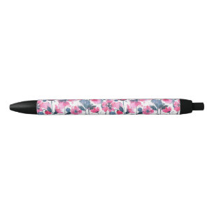 Pink Watercolor Daisies Black Ink Pen