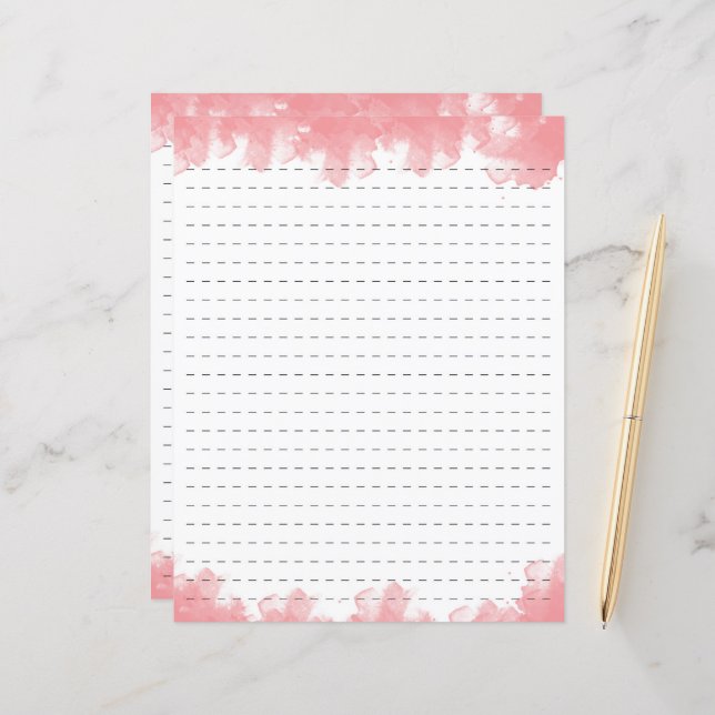 Pink Watercolor dashed line stationery paper (Front/Back In Situ)