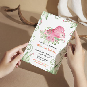 Pink Watercolor Dinosaur Girl Birthday Decor Invitation