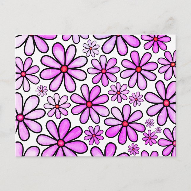 Pink Watercolor Doodle Daisy Flower Pattern Postcard (Front)