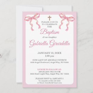 Pink Watercolor Double Bow & Cross Baptism Invitation
