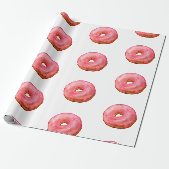 Pink Watercolor Doughnuts Sweet Dessert Wrapping Paper (Unrolled)
