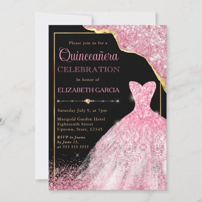Pink Watercolor Dress and Glam Edge Quinceanera Invitation (Front)
