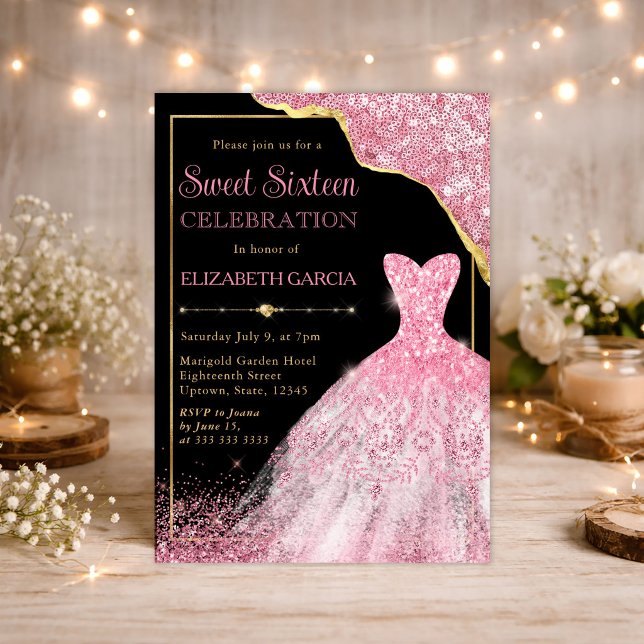 Pink Watercolor Dress and Glam Edge Sweet Sixteen Invitation (Creator Uploaded)
