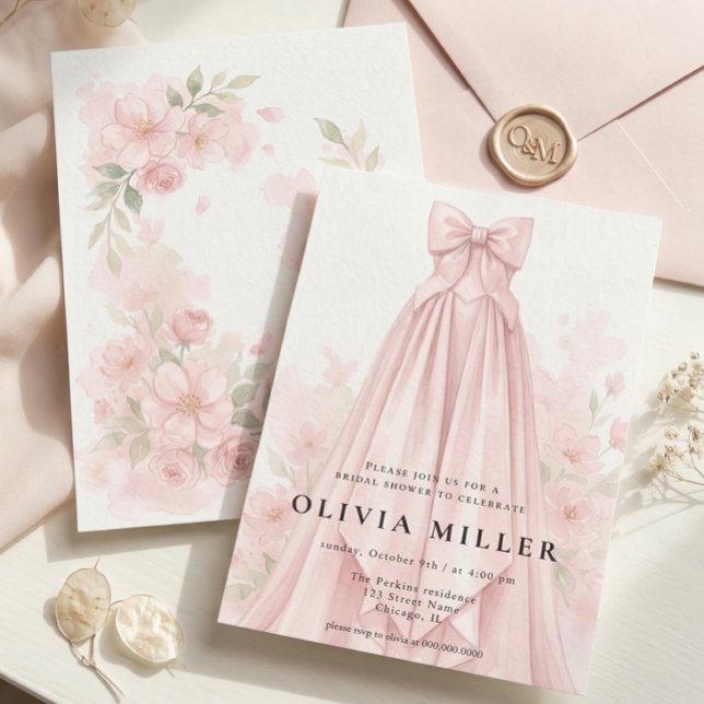 Pink Watercolor Dress Coquette Bow Bridal Shower Invitation (Creator Uploaded)