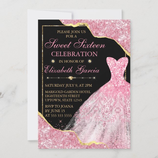 Pink Watercolor Dress & Glitter Glam Edge Sweet 16 Invitation (Front)