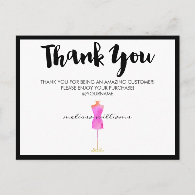 Pink Watercolor Dress Mannequin Poshmark Thank You Postcard (Front)