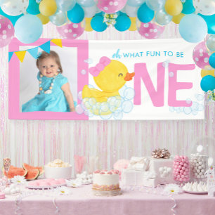 Pink Watercolor Duck Oh What Fun Photo Party Banner