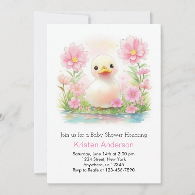 Pink Watercolor Duckling Whimsy Girl Baby Shower Invitation (Front)