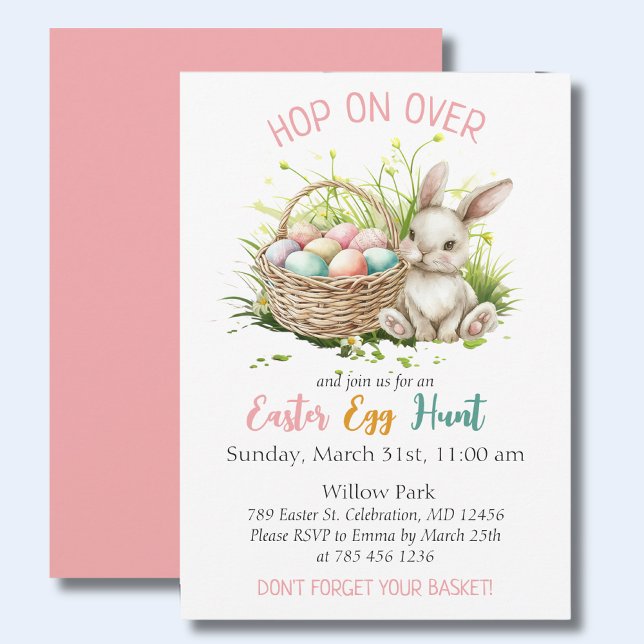 Pink Watercolor Easter Bunny Egg Hunt Party Invitation (Celebrate Easter in style with this modern, colorful invitation perfect for your gathering. )