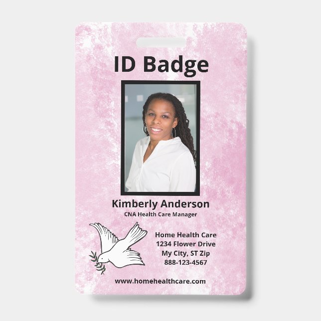 Pink Watercolor Employee Photo Name Logo ID Badge (Front)