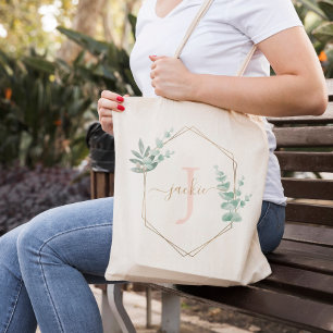 Pink Watercolor Eucalyptus Frame Monogrammed Tote Bag