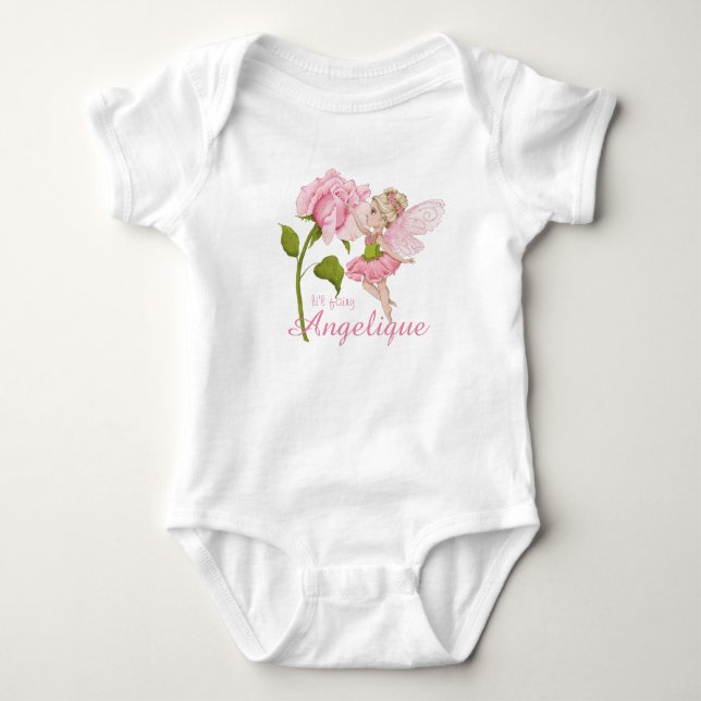 Pink Watercolor Fairy and Rose Baby Bodysuit (Front)