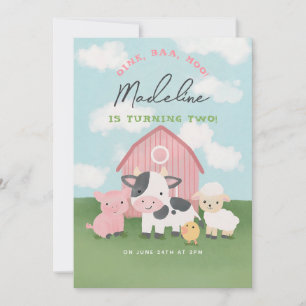 Pink Watercolor Farm Animals Girl 2nd Birthday Invitation