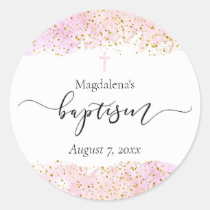 pink watercolor   faux gold details Baptism Classic Round Sticker