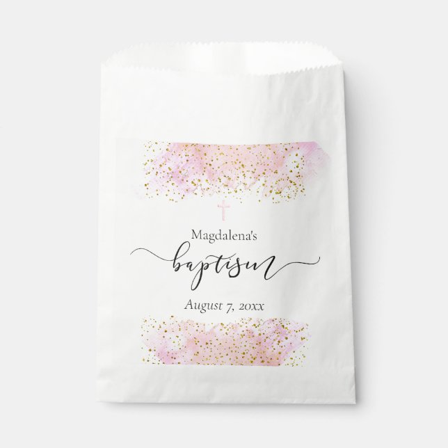 pink watercolor | faux gold details Baptism  Favour Bags (Front)