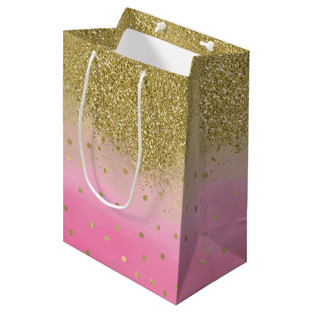 Pink Watercolor Faux Gold Glitter Confetti Medium Gift Bag (Front Angled)