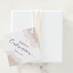 pink watercolor faux gold glitter Confirmation Favour Tags
