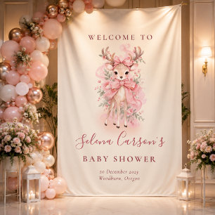 Pink Watercolor Fawn Baby Shower Backdrop Tapestry