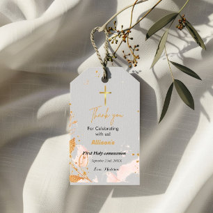 Pink Watercolor First holy communion thank you Gift Tags