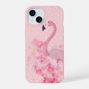 Pink Watercolor Flamingo Floral and Dots iPhone 15 Case