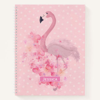 Pink Watercolor Flamingo Floral and Dots Named Notebook