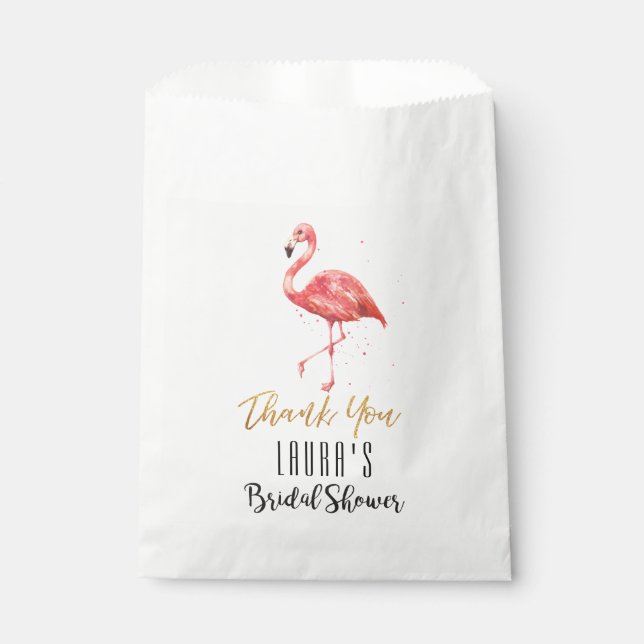 Pink Watercolor Flamingo Gold | Bridal Shower Favour Bags (Front)