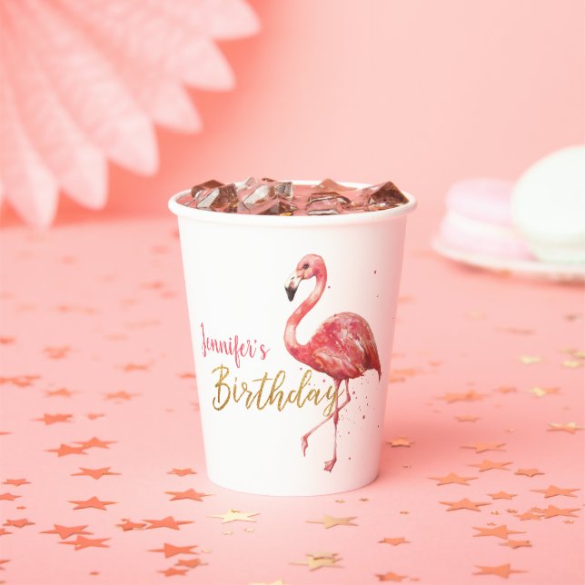 Pink Watercolor Flamingo Gold Glitter Birthday Paper Cups (Insitu)