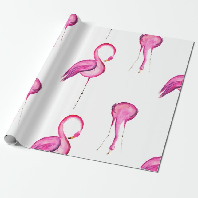 Pink watercolor flamingo seamless pattern wrapping paper (Unrolled)