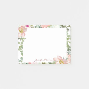 Pink watercolor flora personalised post-it notes