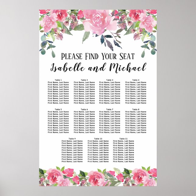 Pink Watercolor Floral 11-Table Seating Chart (Front)
