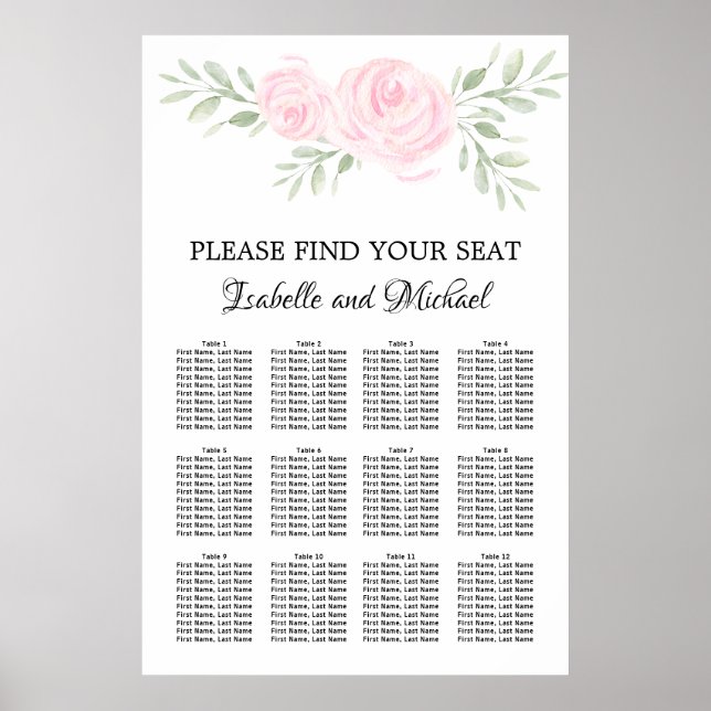 Pink Watercolor Floral 12-Table Seating Chart (Front)