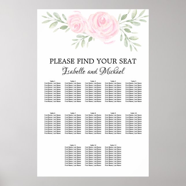 Pink Watercolor Floral 13-Table Seating Chart (Front)
