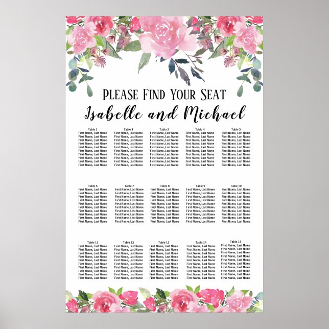 Pink Watercolor Floral 15-Table Seating Chart (Front)