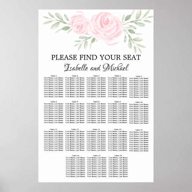 Pink Watercolor Floral 18-Table Seating Chart (Front)
