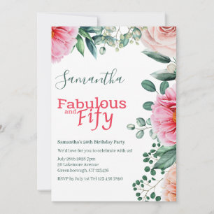 Pink Watercolor Floral 50th Birthday Party Invitation