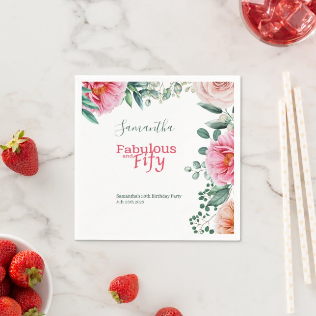 Pink Watercolor Floral 50th Birthday Party Napkin (Insitu)