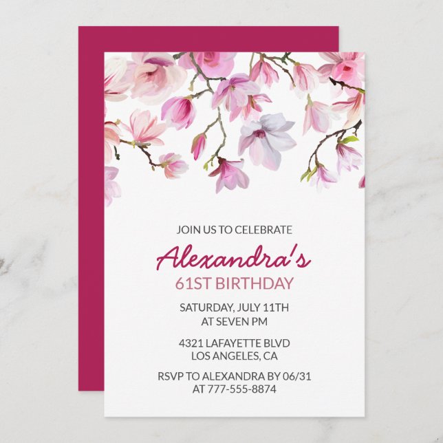 Pink Watercolor Floral 61st birthday invitation  (Front/Back)
