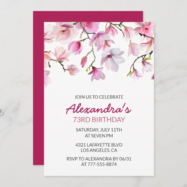 Pink Watercolor Floral 73rd birthday Invitation (Front/Back)