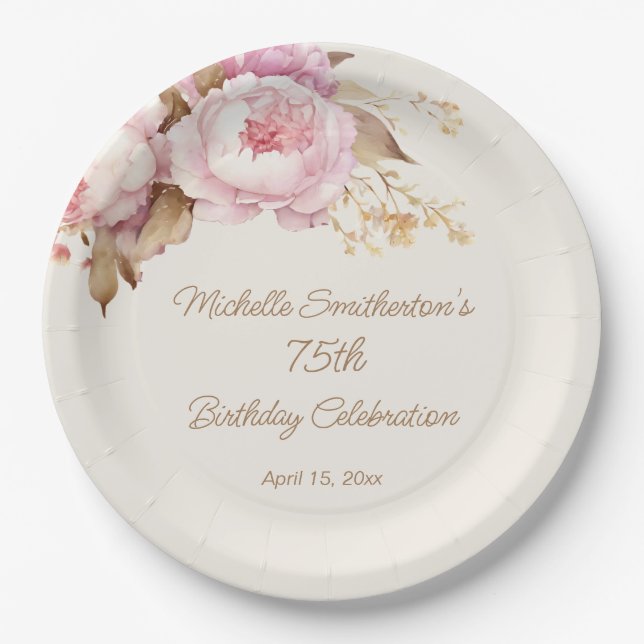 Pink Watercolor Floral 75th Birthday  Paper Plate (Front)