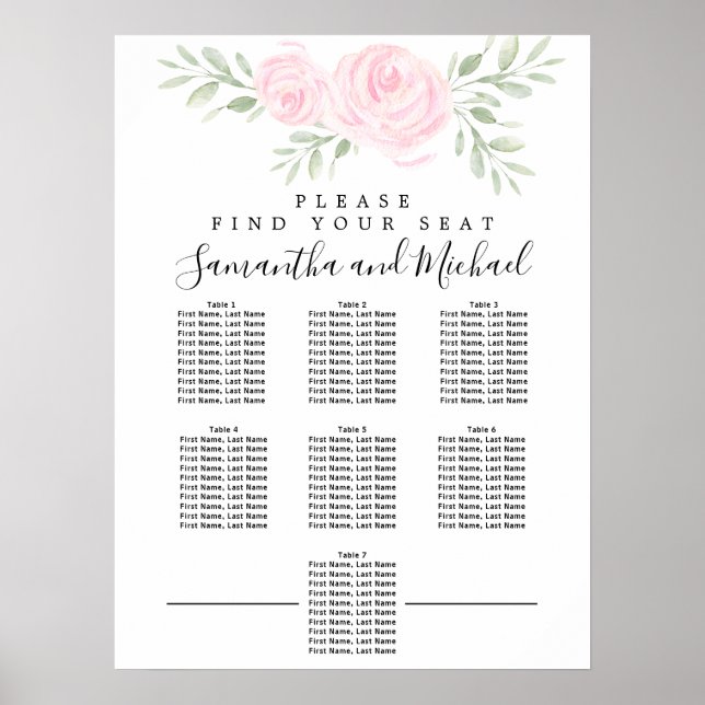 Pink Watercolor Floral 7-Table Seating Chart (Front)