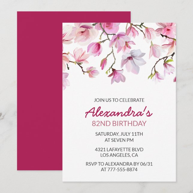 Pink Watercolor Floral 82nd birthday Invitation (Front/Back)