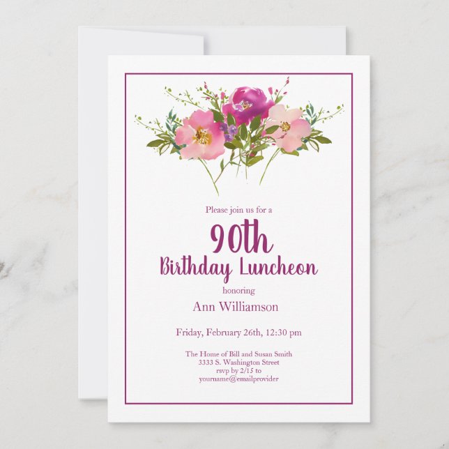 Pink Watercolor Floral 90th Birthday Invitation (Front)