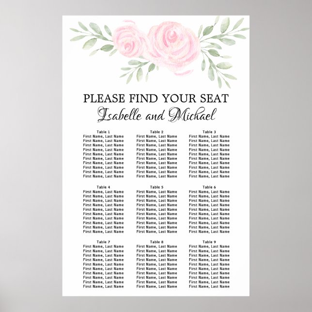 Pink Watercolor Floral 9-Table Seating Chart (Front)