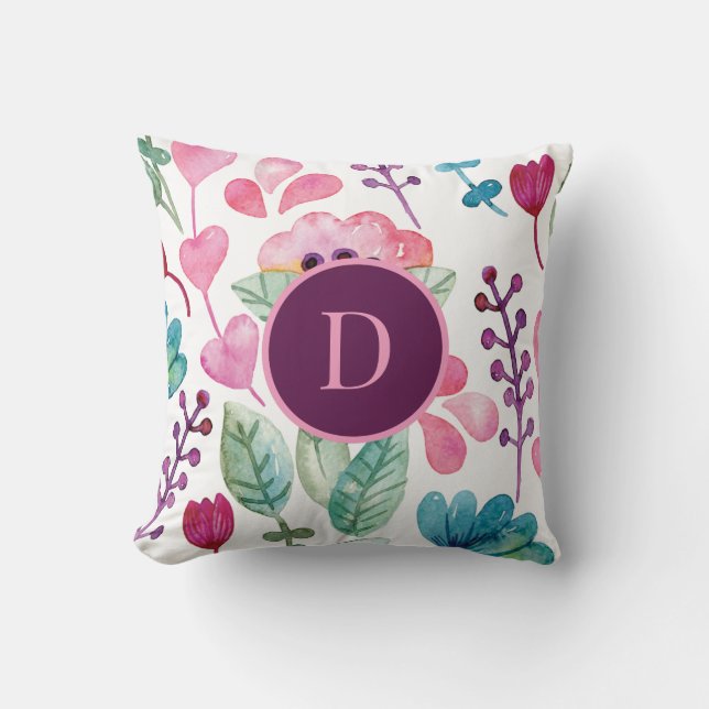 Pink Watercolor Floral Art Cute Monogram Cushion (Front)